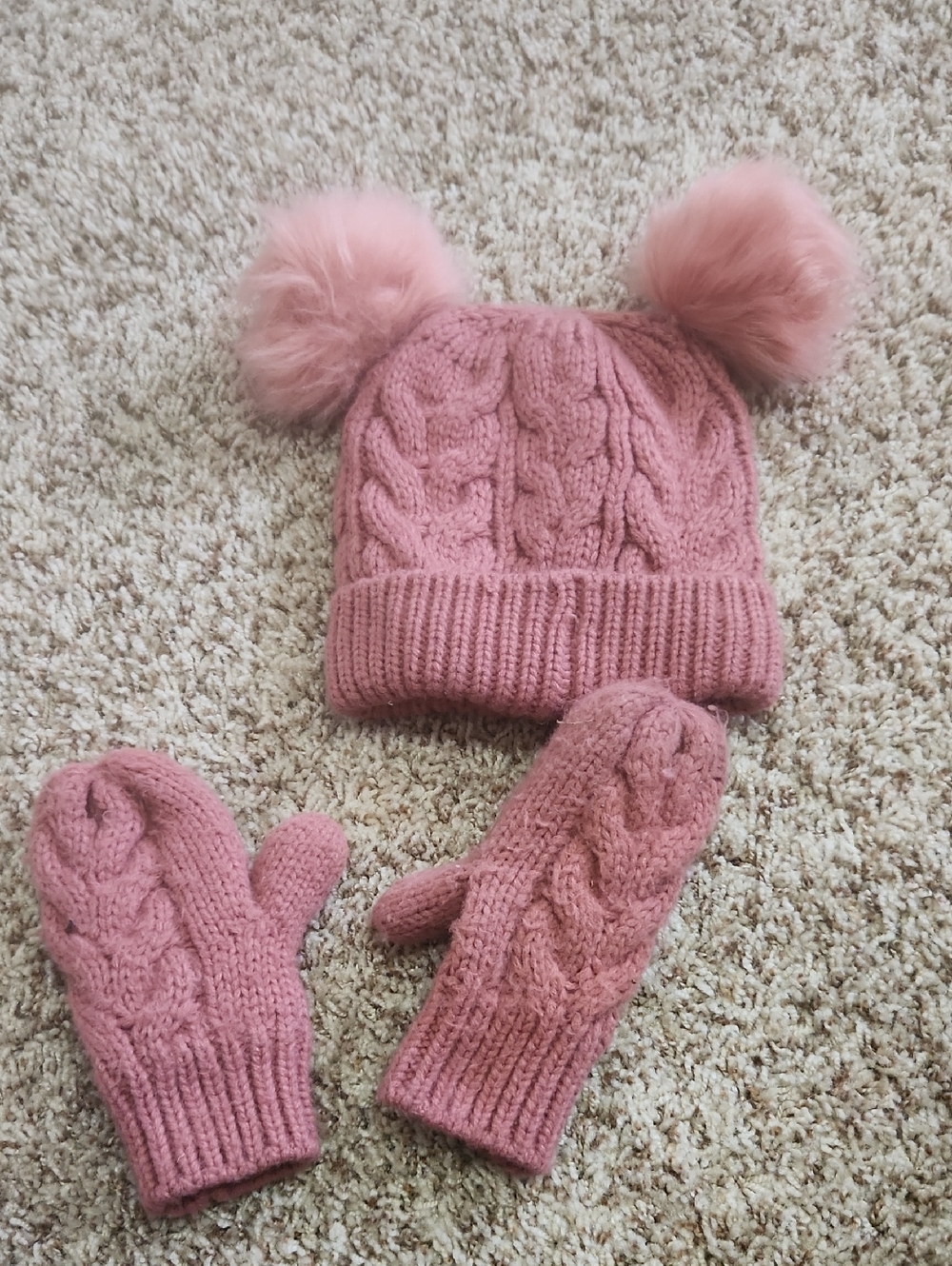 GAP Pink Cable Knit Hat with Double Pom-Poms & Matching Mittens